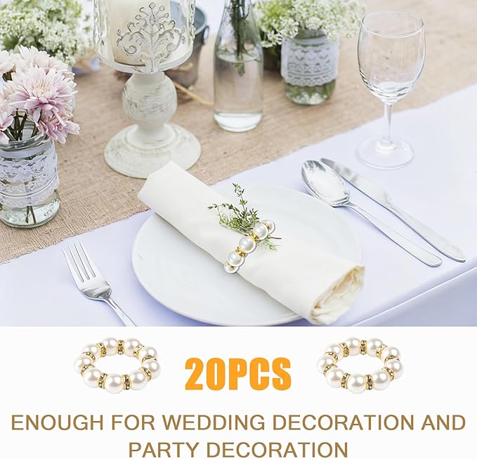 20PCS Gold Napkin Rings Imitation Pearl Napkin Rings Napkin Holder Elegant Round Napkin Buckles Beaded for Wedding Party Dinner Holiday Christmas Thanksgiving Day Home Table Decoration(White and Gold)
