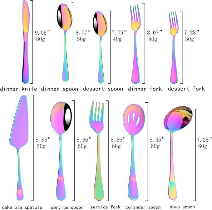 JASHII 25-Piece Fork Spoon Knife Silverware Set with Serving Utensils for 4, Food Grade Stainless Steel Flatware Cutlery Set for Home and Restaurant, Dishwasher Safe - Shiny Rainbow