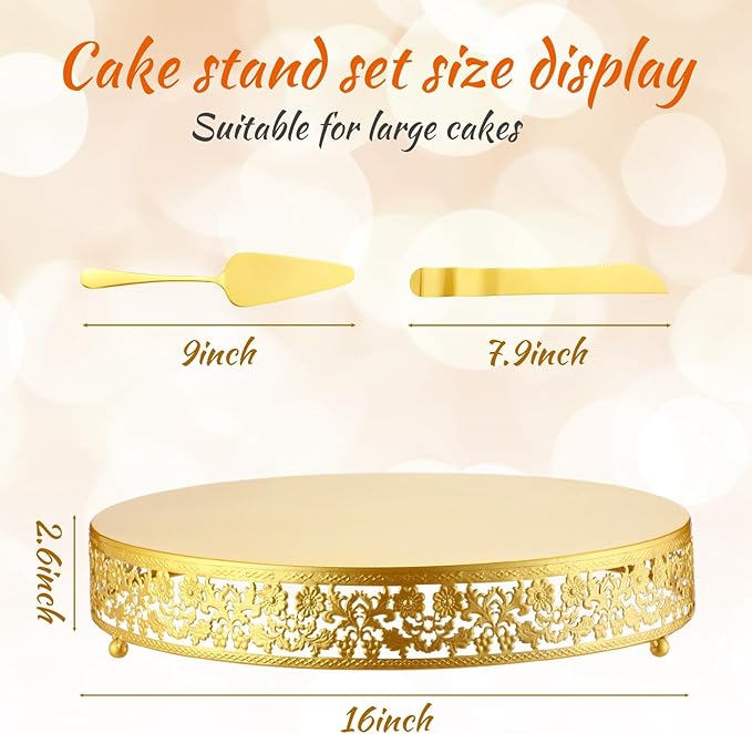 Wenqik 16 Inch Christmas Cake Stand Gold Metal Round Cupcake Dessert Stand with Cake Cutting, Spatula Xmas Cupcake Pastry Display Candy Holder Display for Xmas Wedding Birthday Party(flower, 16 Inch)