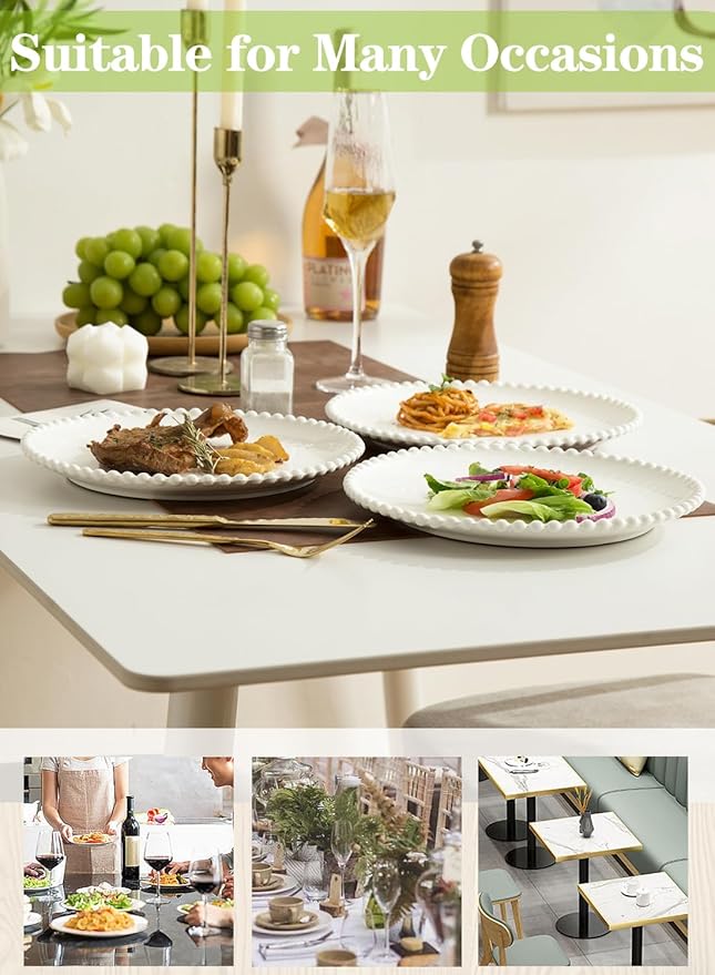 TAMAYKIM 10.5 Inch Porcelain Dinner Plates, Pasta Steak Salad Plates, Round Shape Serving Dinnerware Sets, Scratch Resistant, Microwave, Oven, and Dishwasher Safe, White with Pearl Dots, Set of 8