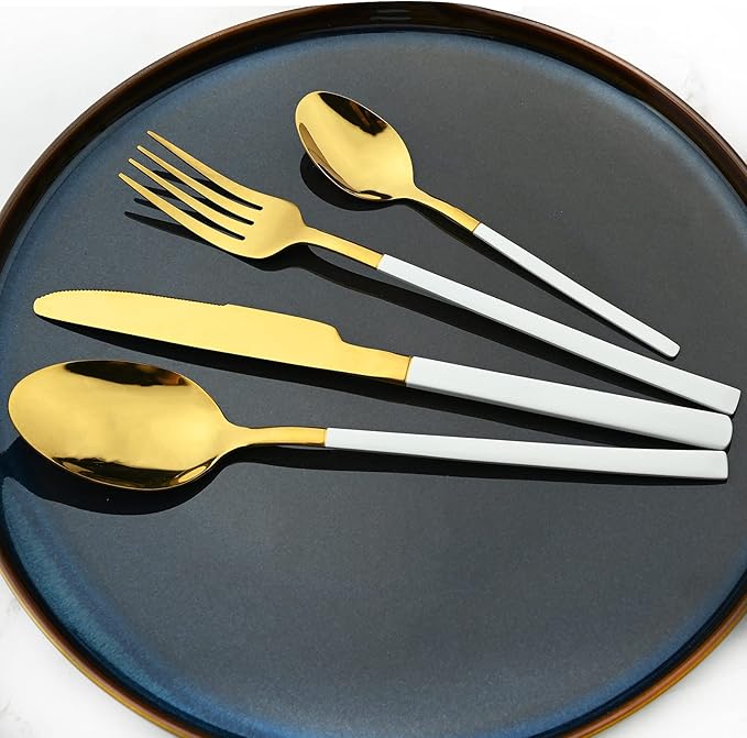 24-Piece Flatware Set, 18/0 Stainless Steel Knife Fork Spoon Teaspoon Silverware Set, Service for 6, White slender handle Gold