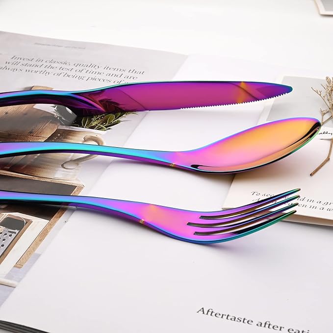24-Piece 304 Silverware Set, Mirror Polish Serving Flatware Cutlery Set Include Steak Knife Fork Spoon, Wedding Kitchen Restaurant Utensils Daily Use, Service For 4, Rainbow