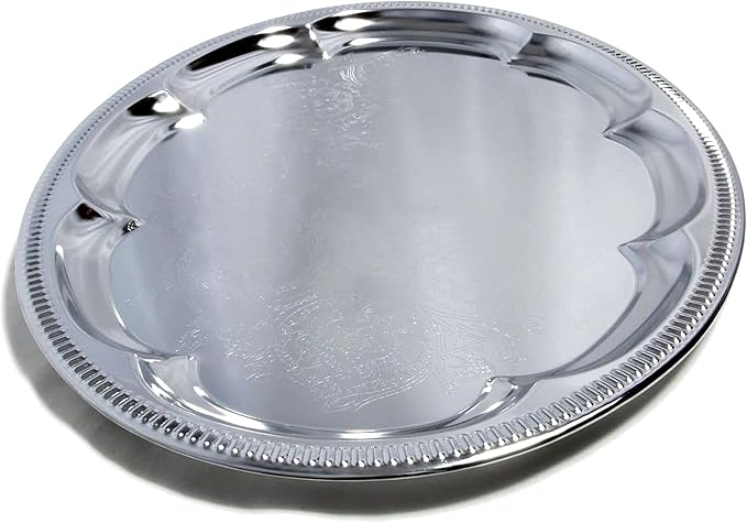(Pack of 4) 18.1 inch x 13.3 inch Traditional Oval Floral Pattern Engraved Catering Chrome Plated Serving Plate Mirror Tray Platter Metal Tableware Holiday Party Large T225-4PK
