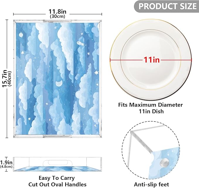 Serving Tray with Handles Clear Acrylic Tray 12x16 Inch Decorative Rectangular Tray Organizer for Ottoman Coffee Table Bathroom Blue Gradient Cloud and Stars