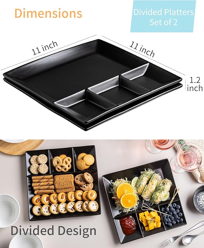 LAUCHUH Divided Serving Platters, 11 x 11 inch Porcelain Chip & Dip Serving Set Dinner Serving Tray 4 -Compartment Serving Dishes for Christmas, Candy, Nuts,Veggies, Snacks and Sauce, Black