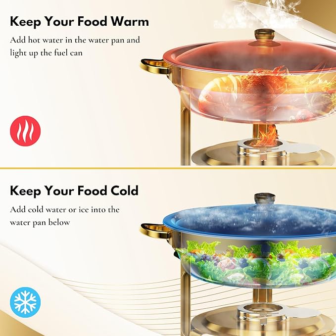 Gold Chafing Dishes for Buffet Set of 6, 5QT Round Chafing Dish Buffet Set, Chafer and Buffet Warmer Set, Stainless Steel Food Warmer for Parties Buffet, Party Food Warmer Buffet Set with Tongs