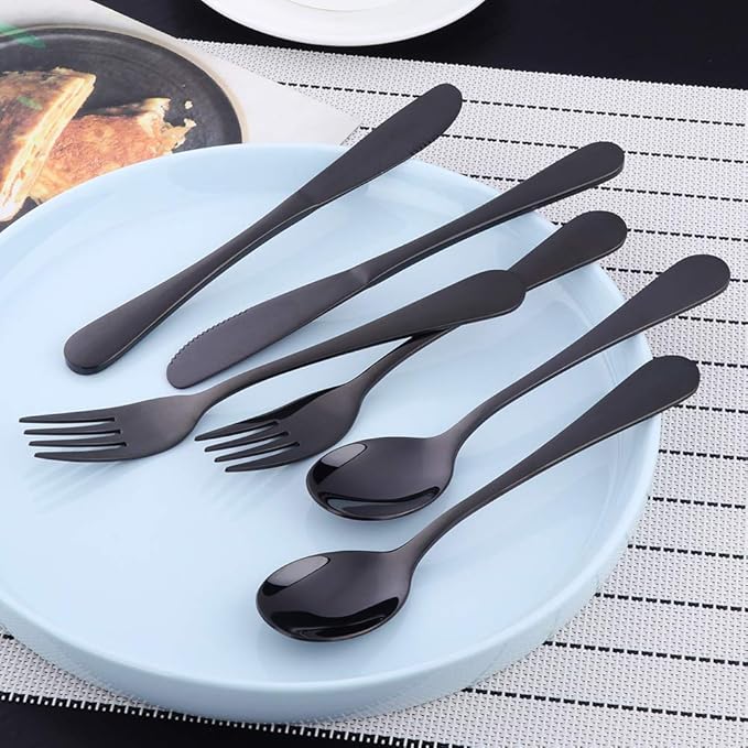 Flatware Silverware sets, 6pcs 18/8 Stainless Steel Cutlery Serving for 2, BPA-free Children Self-feeding Safe Kitchen Utensils, Mirror Polished (Black)