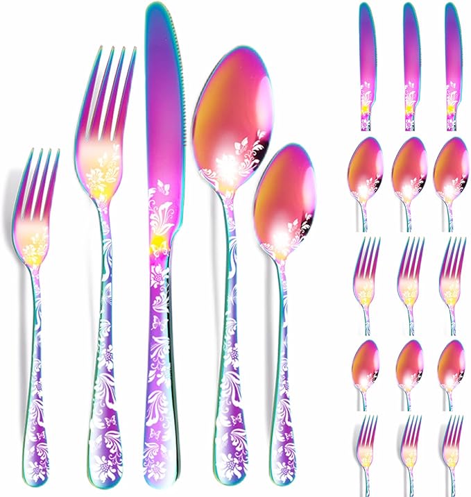 vilihkc 20 piece Unique Pattern Design Silverware Set, Stainless Steel Flatware Set Service for 4, Colorful Cutlery Set, Mirror Polished Utensil Set for Kitchen, Dishwasher Safe