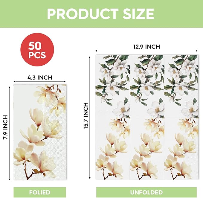 Horaldaily 50 Disposable Paper Decorative Guest Napkins, Magnolia Grandiflora Hand Towel for Party Lunch Dinner Kitchen Bathroom