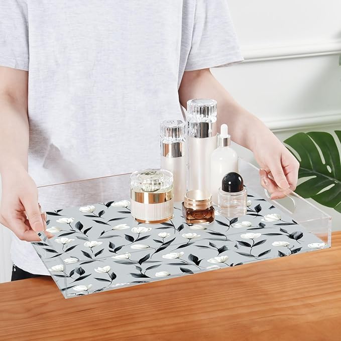 Serving Tray with Handles Clear Acrylic Tray 12x16 Inch Decorative Rectangular Tray Organizer for Ottoman Coffee Table Bathroom Light Gray Tulip Flowers