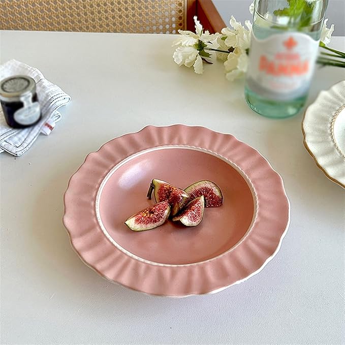 HEXEH Serving Plates Ceramic Lace Dining Plate Home Dinner Deep Plate Restaurant Cafe Dessert Plate Salad Disc Solid Color Flat Plate Simple Ceramic Disc Reusable Dinner Plate (Color : Pink)
