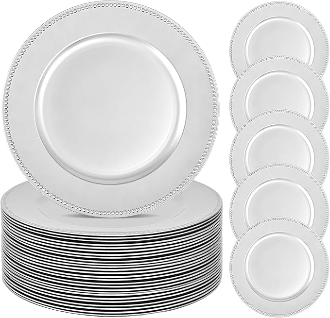 24 Pcs Silver Charger Plates Bulk,13" Round Beaded Plate Chargers for Dinner Plates, Decorative Dinner Charger Plastic Table Chargers for Wedding Holiday Party Baby Shower Event Decoration (Silver)