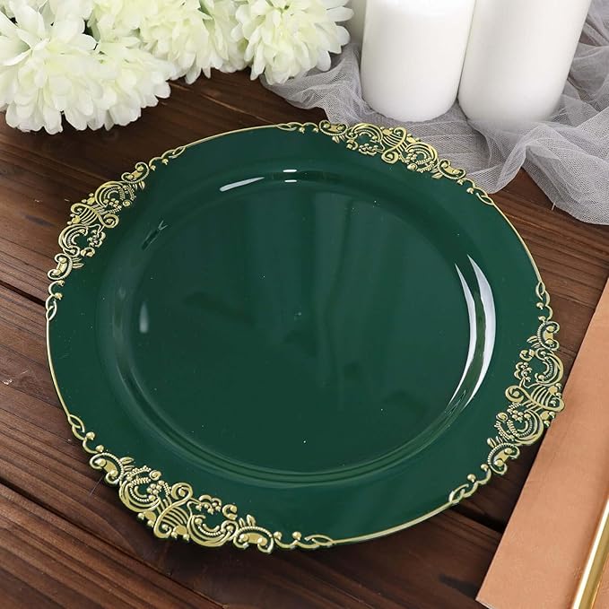 10" Dinner Plates -Set of 30 - Plastic Hunter Green Round Baroque Disposable Chargers Leaf Embossed Rim, Ideal for Dinner Party Wedding Bulk Events