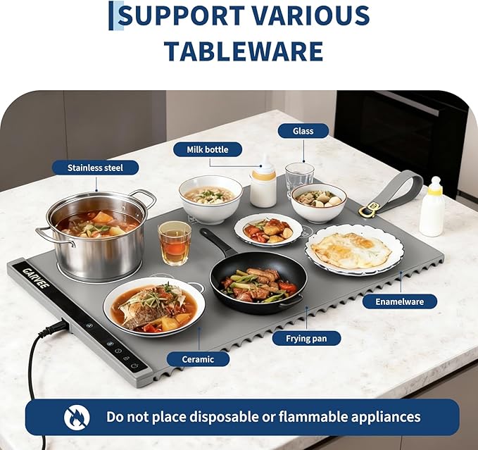 GarveeHome Food Warming Mat for Countertop, 24x15 Inch Dual Zone Electric Warming Tray with Timer & 6 Temp Settings, Portable Food Warmer for Parties Buffets Home Daily Use, Grey
