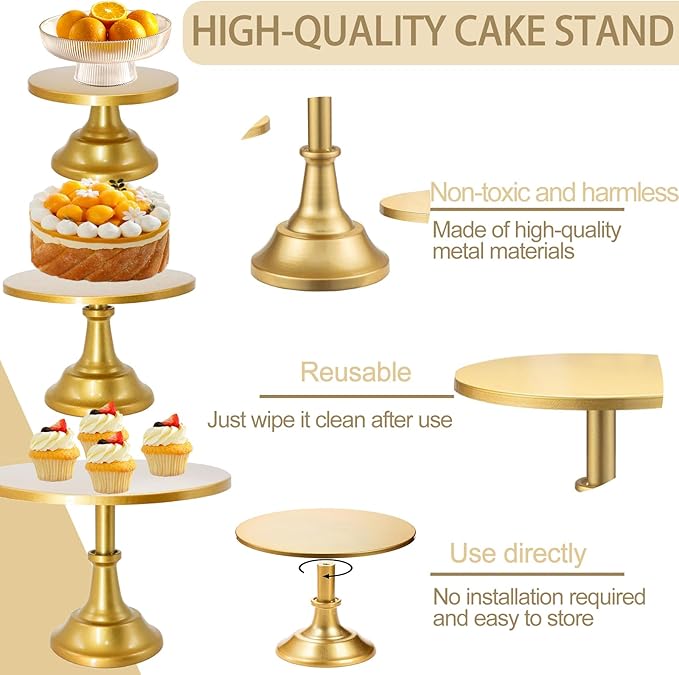 3 Set Gold Cake Stand，Display Plate Dessert Cupcake Pastry Candy for Party，Elegant Round Cylinder Columns tables for Weddings Cake Stands，Birthday Party