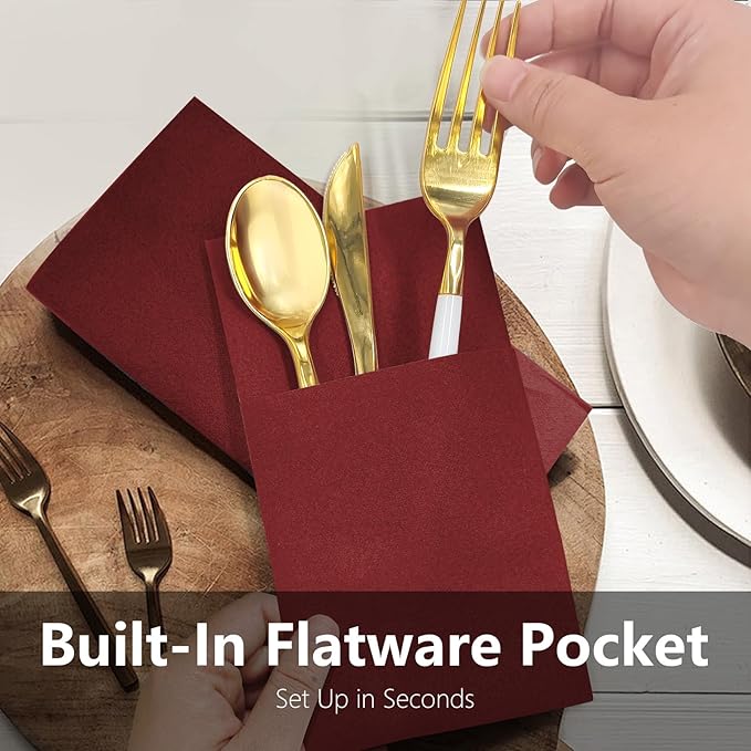 Burgundy Linen Feel Napkins with Flatware Pocket, 50 Pack Cloth Like Pre-Folded Napkins for Silverware, Guest Hand Towel for Dinner Party Wedding Decoration (16. x 15.5 inch)