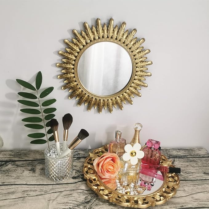 Ham Hamphinee Feather Mirror Tray, Decorative Wall Mirror, Vintage Home Décor for Living Room, Kitchen, Bedroom, or Hallway, for Table Top or Wall Hanging Display, 12”X12”, Gold