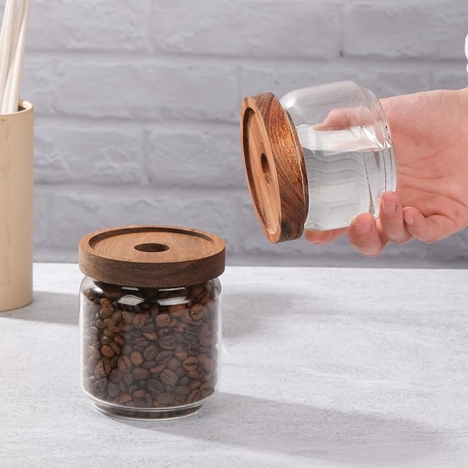 WHJY 10oz Glass Storage Containers with Wooden Lids Airtight Food Canister for Tea Sugar Dry Goods Clear Coffee Jars for Kitchen Pantry