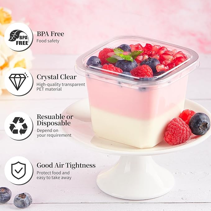 Kucoele 50 Pack 12 oz Plastic Dessert Cups with Lids and Sporks, Clear Square Cake Cups Dessert Containers for Pudding Parfait Fruit Yogurt and Shortcake