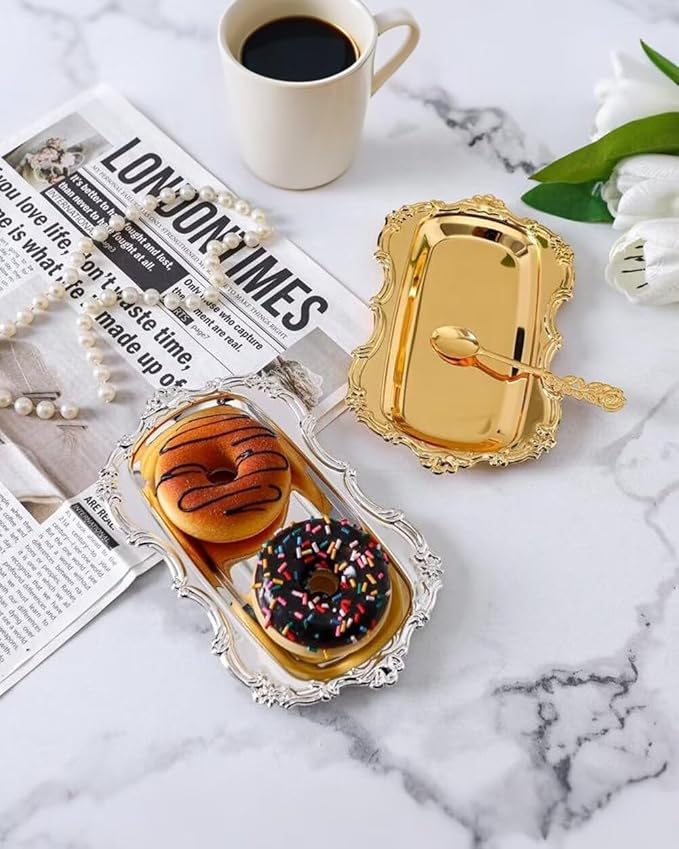 3PCS 8in Vintage Serving Trays Set Decorative Tray Metal Tableware Platters for Cookies Desserts Party Food Display (Gold)