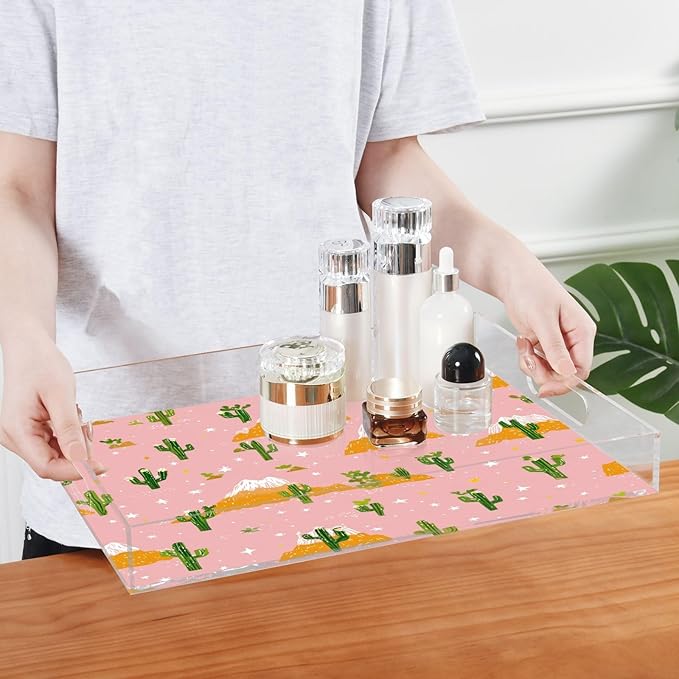 Serving Tray with Handles Clear Acrylic Tray 12x16 Inch Decorative Rectangular Tray Organizer for Ottoman Coffee Table Bathroom Pink Cacti Mountains and Stars