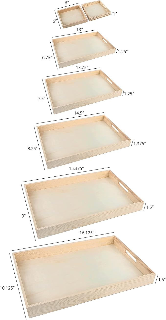 Wooden Serving Trays with Handles - 7 Piece Nested Breakfast Set - Perfect for Organizing, Bathroom, Party Buffet & Serving