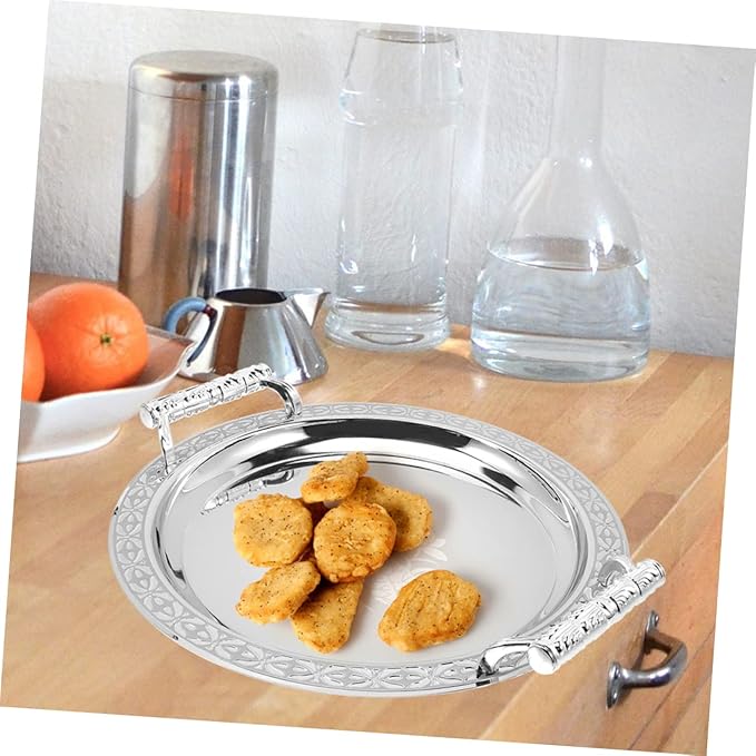European Style Round Serving Tray Elegant Appetizer Dish for Fruits Desserts Snacks Silver Patterned Platter Multi Functional Decorative Storage Plate for Home