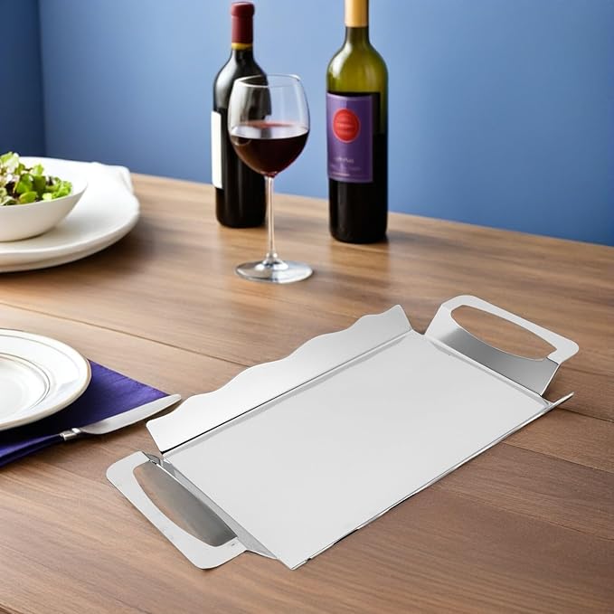 BESPORTBLE Rectangular Stainless Steel Serving Tray with Handles, Medium Silver Chrome Plated Double-Ear Platter 28x15.3cm for Tea, Coffee, Buffet, and Party Serving