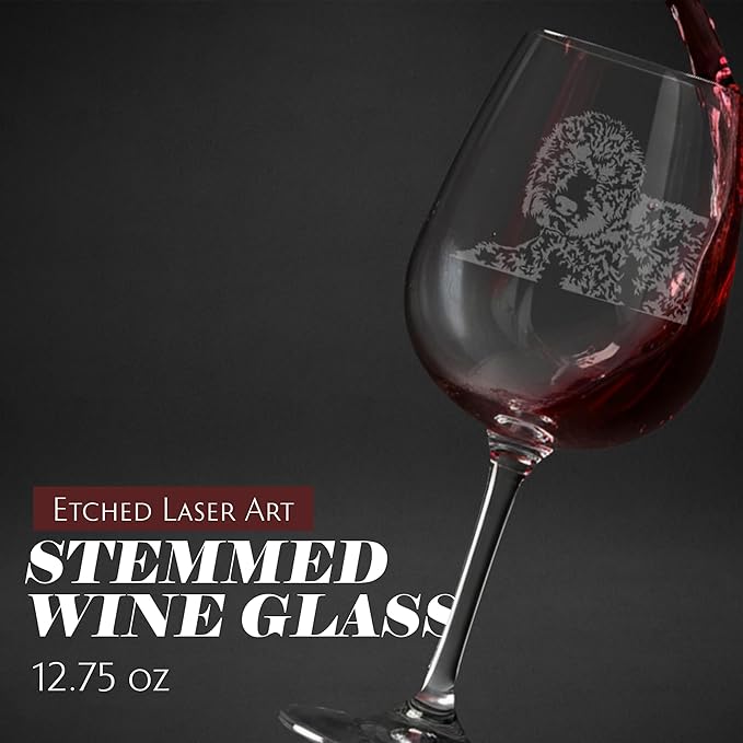 Etched Laser Art Personalized Dog Themed Etched Wine Glass - Custom Dog Breed Wine Glasses, Ideal for Pet Lovers, Unique Birthday Gift for Men & Women, Personalized Gift - Portuguese Water, 12.75 oz