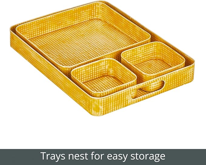 mDesign Nesting Hammered Stainless Steel Tray Set with Handles - Decorative Serving Trays for Entertaining - Holds Food, Tea, or Coffee - Metal Serving Platter for Breakfast Table - Set of 4 - Yellow