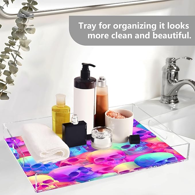 Serving Tray with Handles Clear Acrylic Tray 12x16 Inch Decorative Rectangular Tray Organizer for Ottoman Coffee Table Bathroom Gradient Multicolored Skulls
