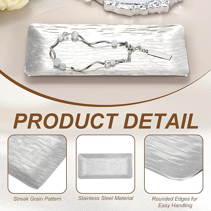 uxcell Decorative Tray, 5.9x3 Stainless Steel Rectangular Frosted Serving Tray with Streak Grain Pattern for Dessert Napkin Towel Candle Jewelry Bathroom Platter, Stackable, Silver