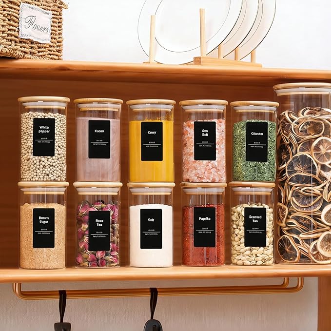 ComSaf Spice Jars with Label，4 oz Glass Spice Jars with Bamboo Lid, 16 Pcs small Seasoning Containers with 54 Black Lables, Empty Seasoning Jars for Pantry Storage, Loose Tea, Herbs, Powders, Salt
