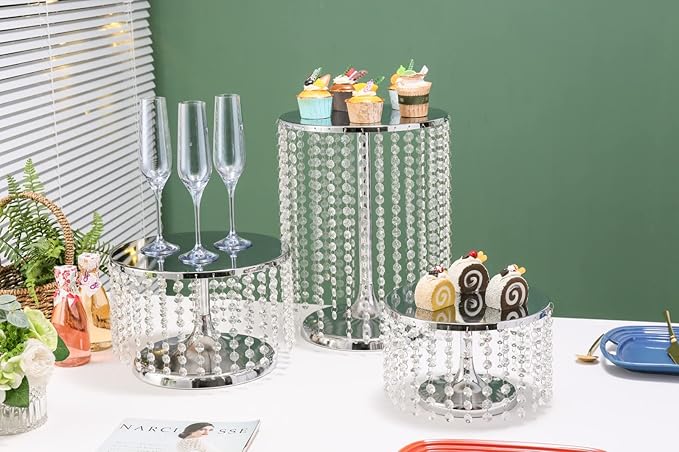 LANLONG Cake Stand for Dessert Table 10 Inch Silver Crystal Pendants Metal Cake Stand Serves as A Round Dessert Cupcake Display Plate for Table, Wedding, Party, Event