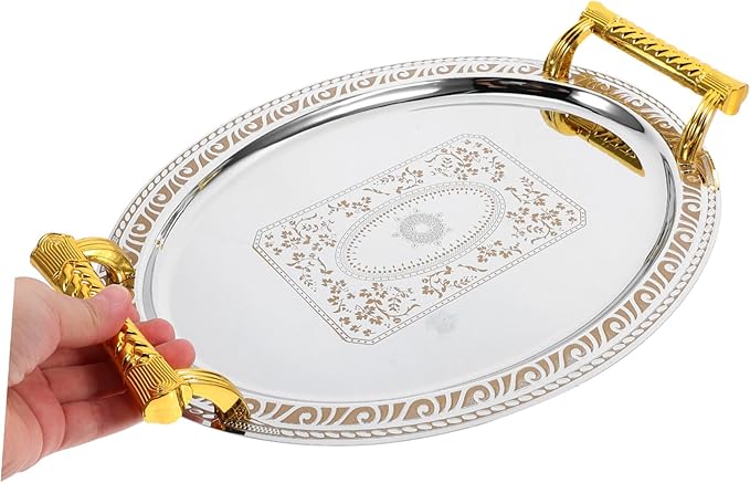 European Style Oval Stainless Steel Serving Tray for Fruit Snacks Desserts Vintage Design for Home Restaurant Use Silver with Gold Rim