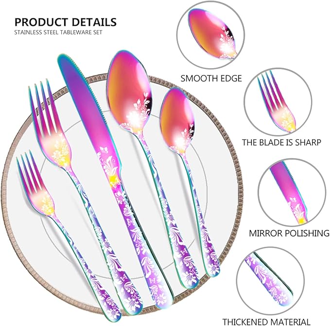 vilihkc 20 piece Unique Pattern Design Silverware Set, Stainless Steel Flatware Set Service for 4, Colorful Cutlery Set, Mirror Polished Utensil Set for Kitchen, Dishwasher Safe