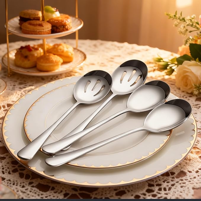 6 Pack Serving Spoons Set with 3 Serving Spoons and 3 Slotted Spoon, 8.6 Inch Large Stainless Steel Buffet Banquet Utensils Cutlery Set for Home, Kitchen, Party