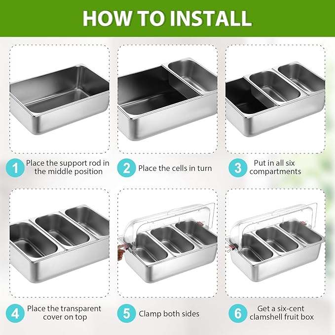 2 Pack Countertop Food Serving Display Container Stainless Steel Food Serving Tray Buffet Condiment Dispenser Display Rack with Clear Roll Top Cover for Buffet (3 Pan and 3 Pan)