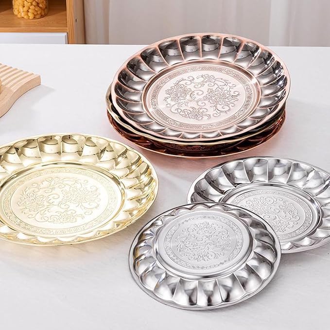 Stainless Steel Gold Plates 8.5 Inch Lightweight Unbreakable Dinner Dishes Plates 2 Pack Dessert Snack Plates for Outdoor Camping Wedding - Reusable & Shatterproof