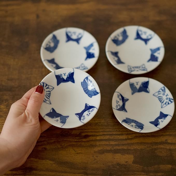 Japanese Cat Design Ceramic Small Plates - Set of 4 - Great for Sushi, Dips, & Desserts, Cat Quintet