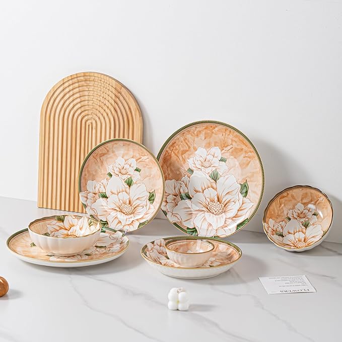 Plates and Bowls Sets for 2, 8-Piece Dinnerware Set Ceramic, Dish Sets for 2 with Camellia Floral Pattern, Microwave & Dishwasher Safe for Everyday Use & Gift Giving