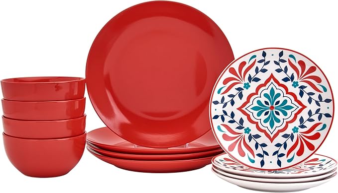 Tabletops Gallery 12-Piece Camila Patterned Ceramic Dinnerware Set of Kitchen Dishes, Dinner Plates, Cereal Bowls, Service for 4, Red