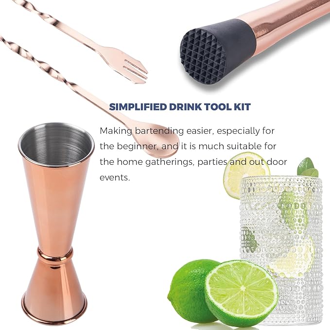 Rosegold Muddler for Cocktails, Matching Jigger and Bar Spoon with Bar Muddler - 3 Pcs Cocktail Muddler Set