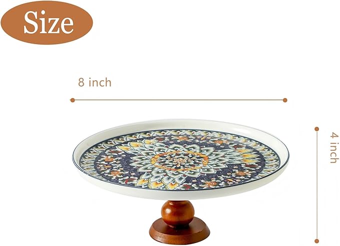 Ceramic Cake Holder Stand with Elegant Wood Curved Footed, 8” Versatile Dessert Stand, 2-in-1 Dessert Table Display Set & Charcuterie Board for Cheese/Chips/Fruit Platter/Birthday/Kitchen/Party,Blue