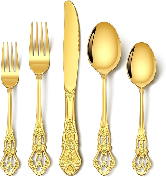 Stapava 20 Pcs Retro Royal Gold Silverware Set, Stainless Steel Gold Utensils Cutlery Set for 4, Gorgeous Flatware Set Include Forks Spoons and Knives Set, Dishwasher Safe, Mirror Polished