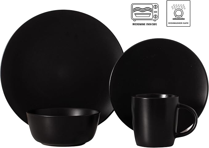Rimmed Dinnerware Set | Mugs, Salad and Dinner Plates and Bowls Sets, Dishes with Highly Chip and Crack Resistant, Dishwasher and Microwave Safe (Black, Service For 8)