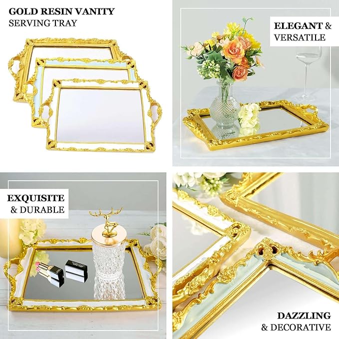 Efavormart Metallic Gold Resin Decorative Serving Tray - Rectangle Mirrored Vanity Tray - 15"x10"