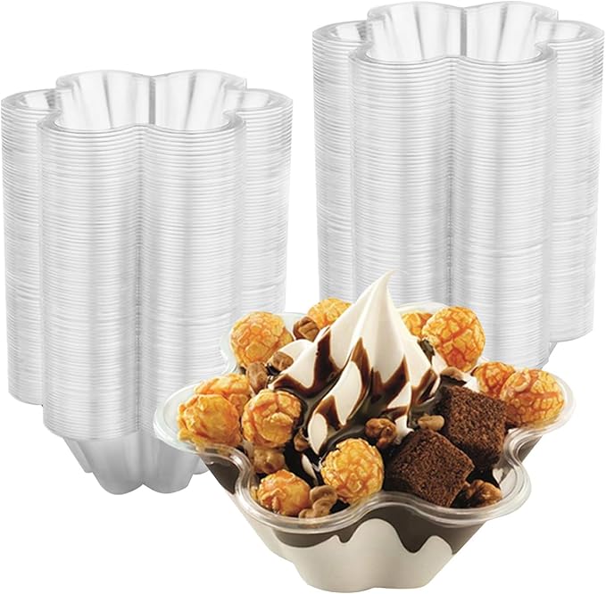 200 Pack Plastic Ice Cream Bowls 8.5Oz Clear Plastic Ice Cream Dessert Bowls Sundae Snack Fruit Salad Bowl Clear Flower Shape Appetizer Cup Chocolate Dessert Sundae and Nuts