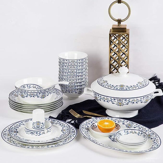 Ceramics Dinner Sets, 58 Pieces Dinnerware Set Blue and White Porcelain Style Bowl/Spoon/Plate - Family Party and Kitchen Restaurant