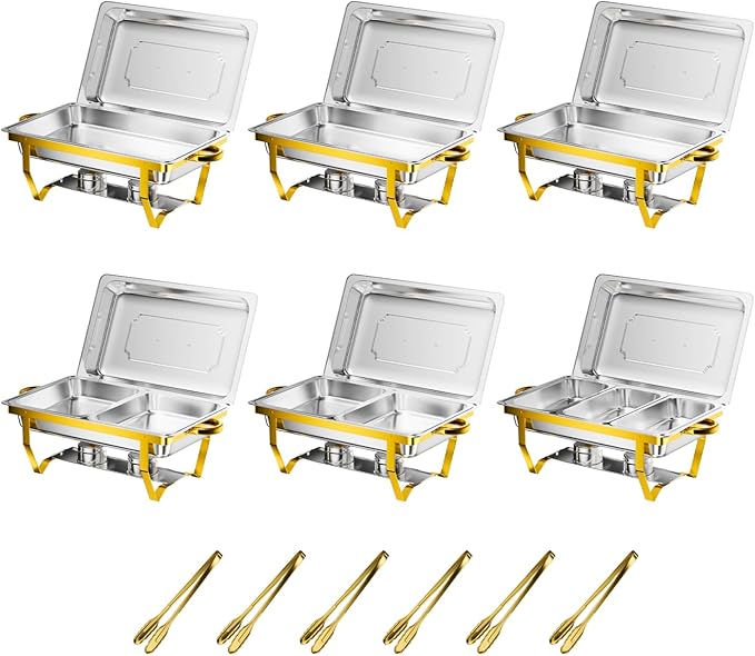 Gold Chafing Dishes for Buffet Set of 6, 9.5QT Chafing Dish Buffet Set, Chafers and Buffet Warmers Set, Stainless Steel Food Warmers for Parties Buffet, Party Food Warmer Buffet Set with Tongs